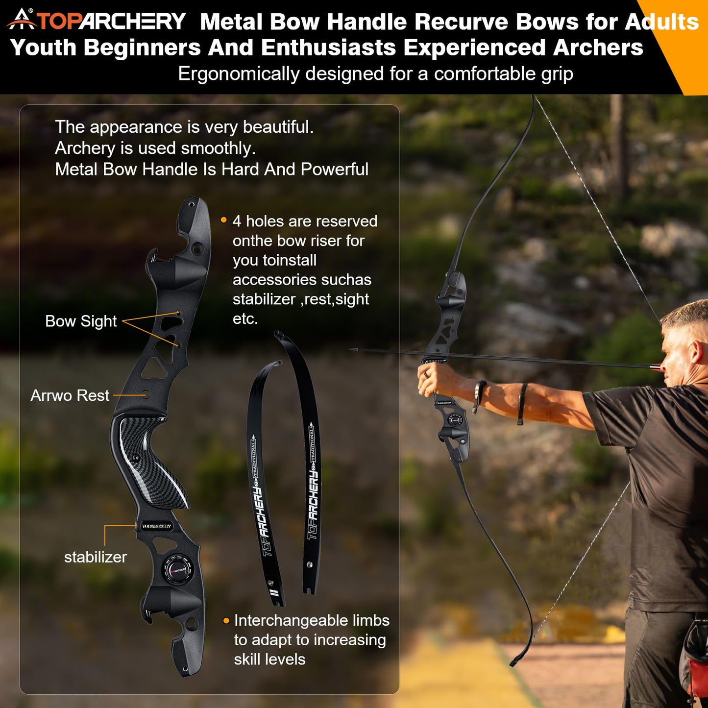 TOPARCHERY 62" Black Hunter Recurve Bow, ILF Interface Shock Absorption Takedown Hunting Recurve Bow for Adult & Youth Beginner, Longbow Archery Set for Outdoor Target Hunting Practice-25LBS-Black