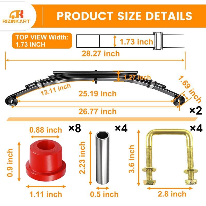 Upgraded Heavy Duty 4-Leaf Rear Leaf Spring Kit For EZGO TXT/Electric 1994-2013 & Gas 1996-2008,2000 Lbs Ultra Load Anti-Rust Golf Cart Suspension with Bushings Sleeves U-Bolts, Replace OEM 74207-G01