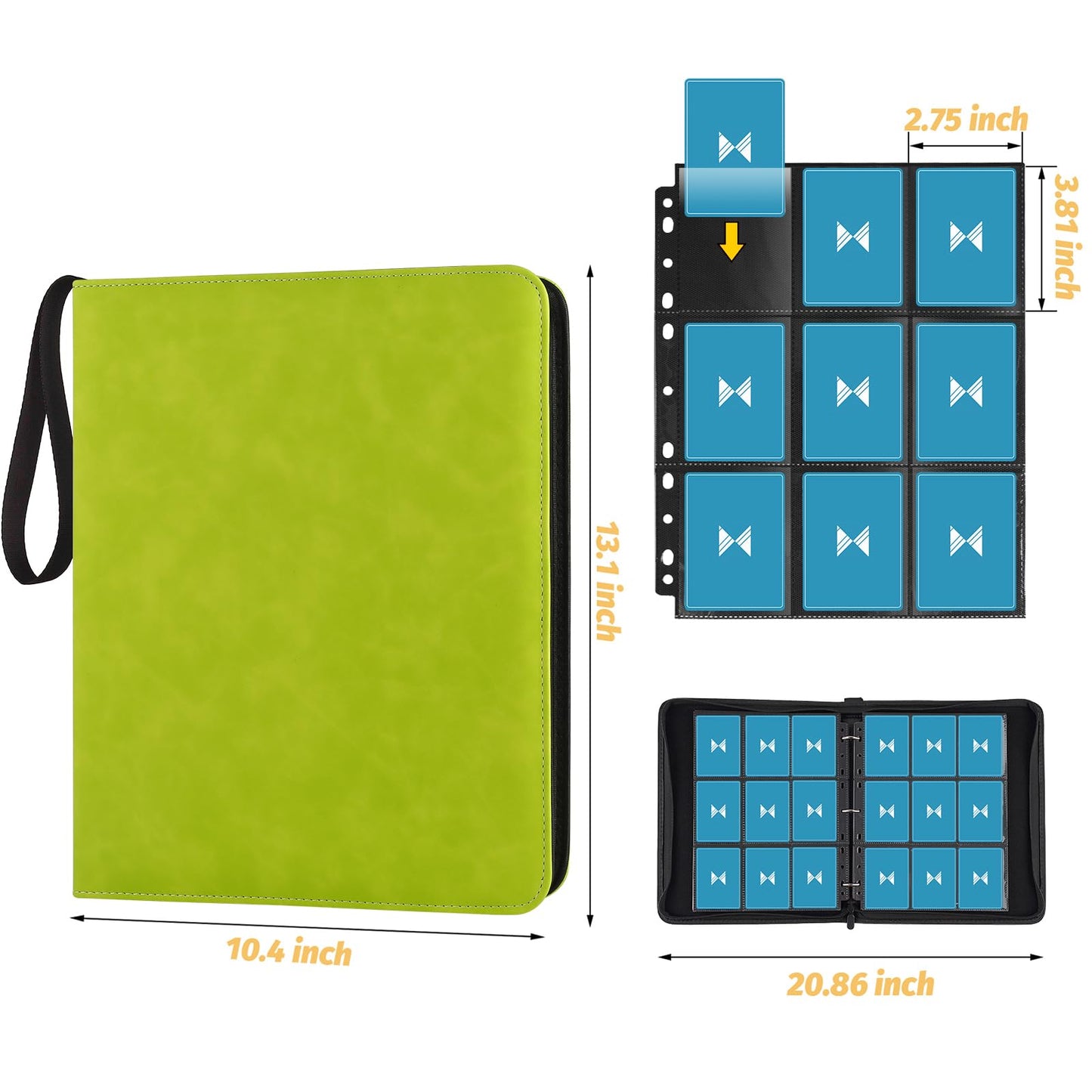 GERMUN 3 Ring 9 Pocket Zipper Card Binder, 720 Double Sided Standard PU Trading Card Album Folder for TCG & Sports Cards, Not Fit Top Loaders (Grass Green)