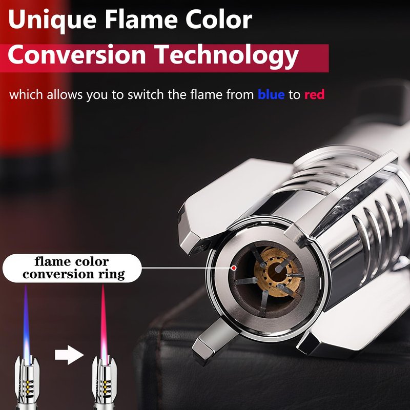 Large Torch Lighter, Windproof Butane Lighters with Flame Adjustable, Refillable, Jet Flame, Flame Switch Lock, Cool Lighter for Men.(Gas Not Include) (Argent)