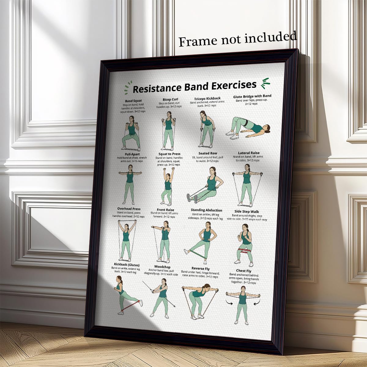 Resistance Band Workout Poster, Full Body Resistance Band Exercises Charts for Women, Home Workout Canvas Wall Art, Core Strength Training and Fitness Guide Gym Wall Decor 12x16in Unframed