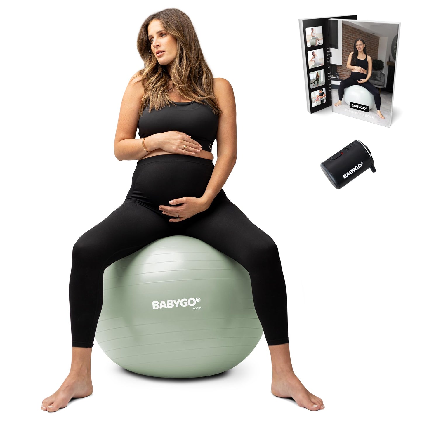 BABYGO Birthing Ball - Pregnancy Yoga Labor & Exercise Ball & Book Set Trimester Targeting, Maternity Physio, Birth & Recovery Plan Included Anti Burst Eco Friendly (Sage, 75cm - Electric)