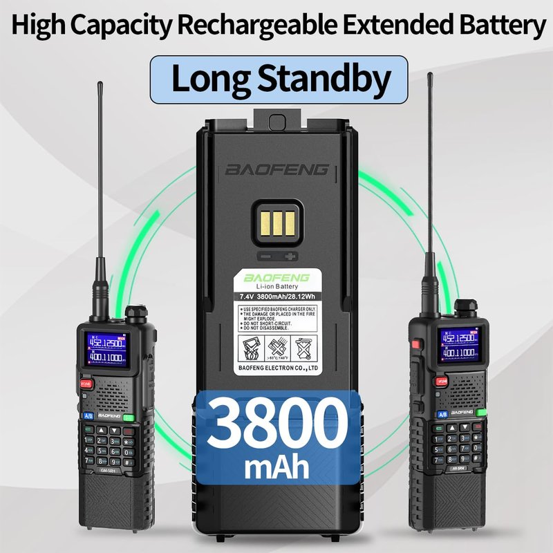 BAOFENG BF-F8HP PRO AR-5RM Battery Rechargeable 3800mAh Extended Battery Compatible with UV-5G Plus,UV-5RH PRO GPS,5RM,GM-5RH GMRS USB-C Charger for Ham Radio Handheld Walkie Talkies Accessories