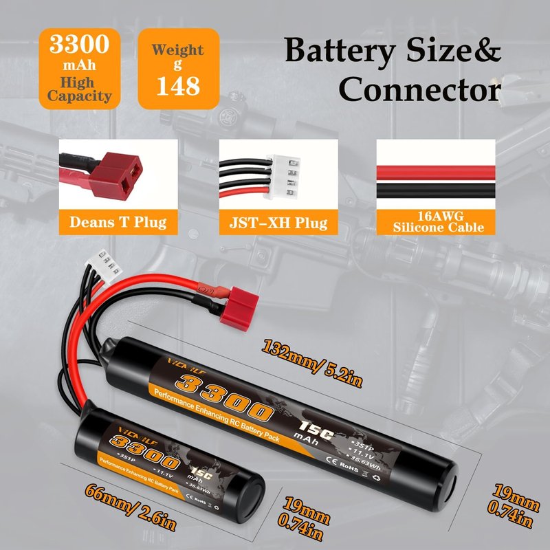 3300mAh Airsoft Battery - 11.1V Nunchuck Rechargeable Battery | Fits AEG AK47, M4, MP5 & More