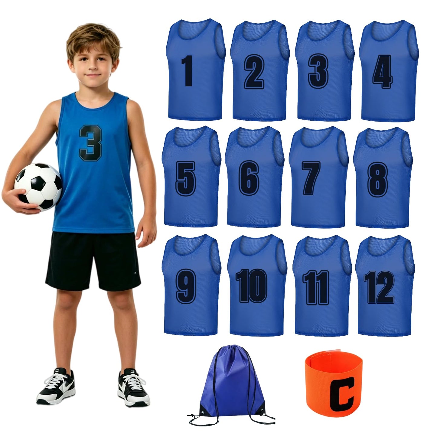 TOEPODO Pinnies Set of 12 Scrimmage Vests Soccer Bibs Sports Pinnies Team Practice Jerseys for Youth & Kids with Drawstring Bag & Captain's Armband（Blue）