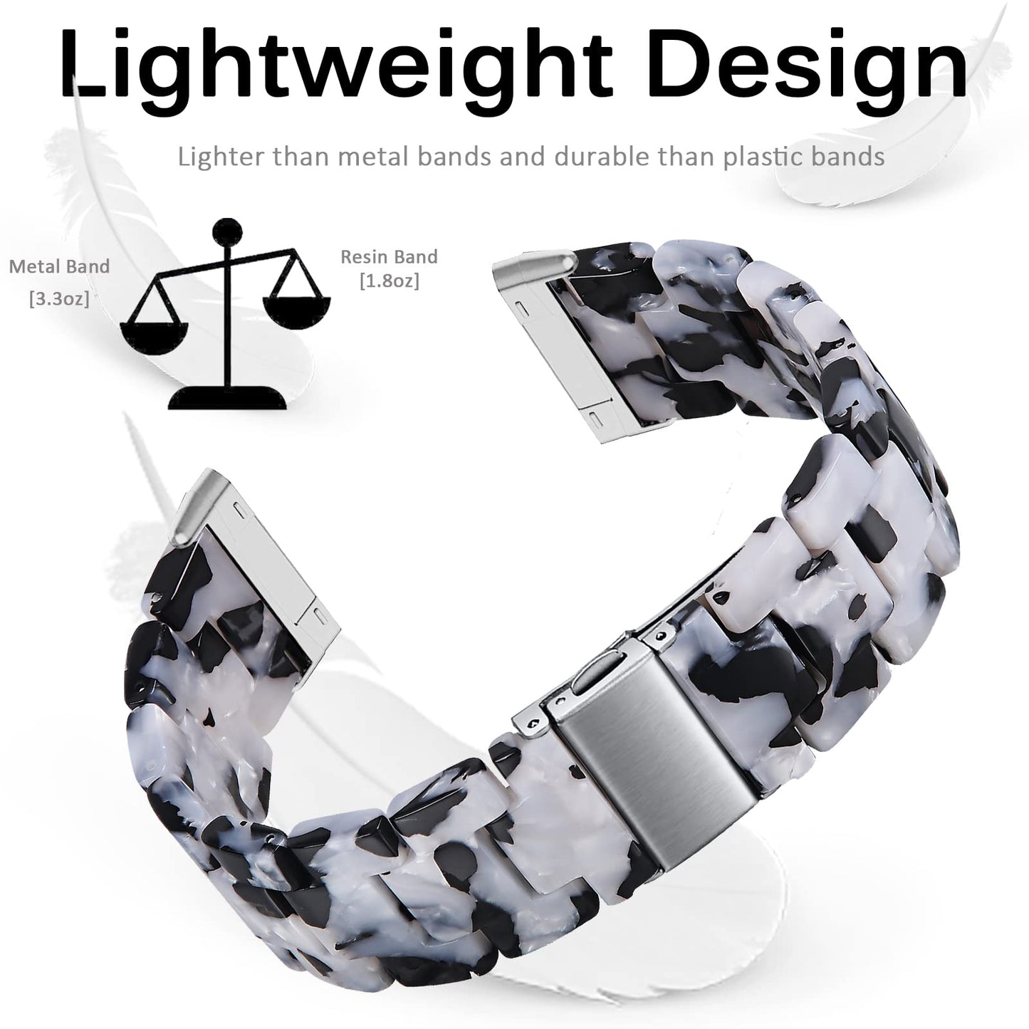Miimall Compatible for Fitbit Versa Sense Strap, Versa 3 Resin Band Stylish with Stainless Steel Clasp Replacement Bands Straps for Fitbit Versa Sense Versa 3 Trackers(Black&White)
