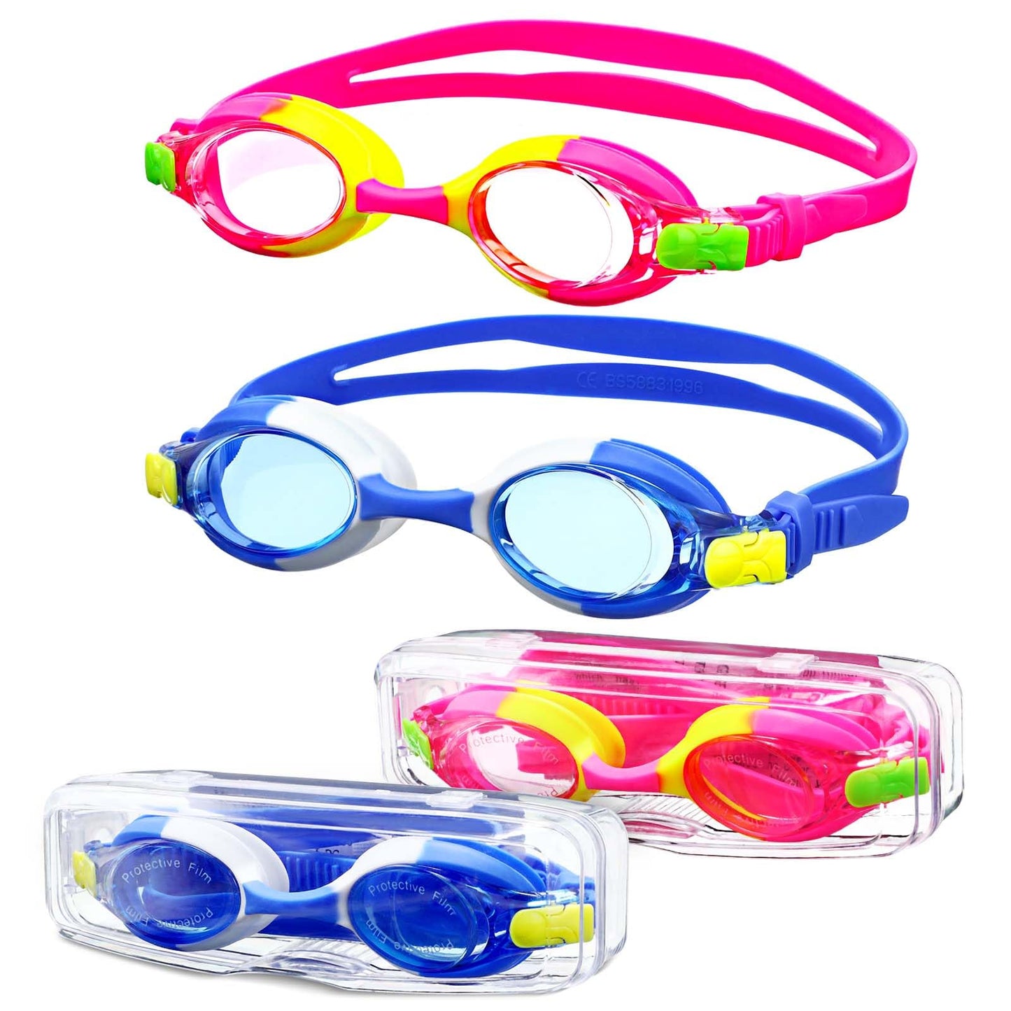 Juatellay Kids Swim Goggles with Cases, 2 Packs No Leaking Anti Fog Swimming Goggles 180° Clear View Kids Goggles for Boys Girls(Age 6-14)