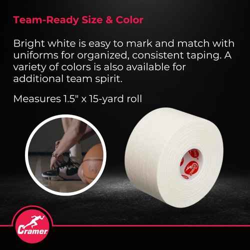 Cramer Team Color Athletic Tape, White, For Ankle, Wrist, and Injury Taping, Helps Protect and Prevent Injuries, Promotes Faster Healing, Athletic Training First Aid Supplies, 1.5", Bulk 32 Roll Case