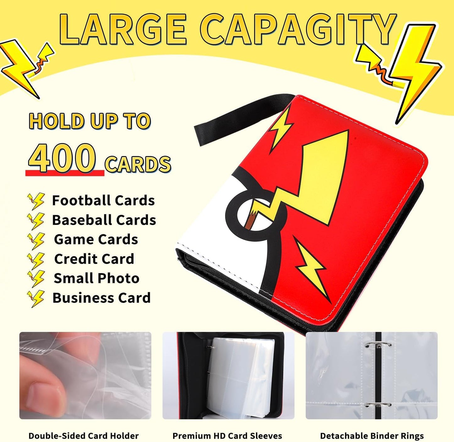 Trading Card Binder - 4 Pocket Holder for 400 Cards | Portable Zipper Case with 50 Removable Sleeves