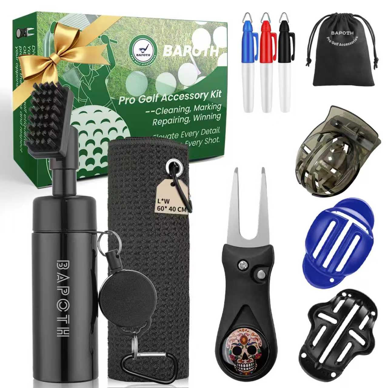 BAPOTH 5-in-1 Golf Accessories for Men,5 oz Non-Leaking Stretchable Golf Club Cleaner, 23.6 * 15.7 in Golf Towel,3 Patterns Golf Ball Marker Set,Golf Divot Tool with Magnetic Marker,with Gift Box