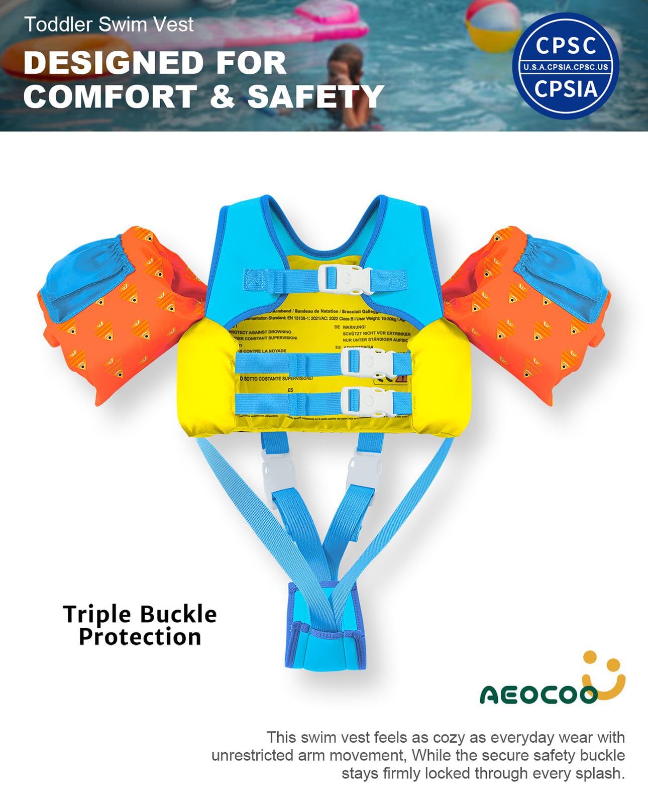 Toddler Swim Vest for 2-7Y, 20-50 lbs, Kids Floaties with Shoulder Harness & Adjustable Crotch Strap & Arm Water Wings for Boys and Girls, Shark