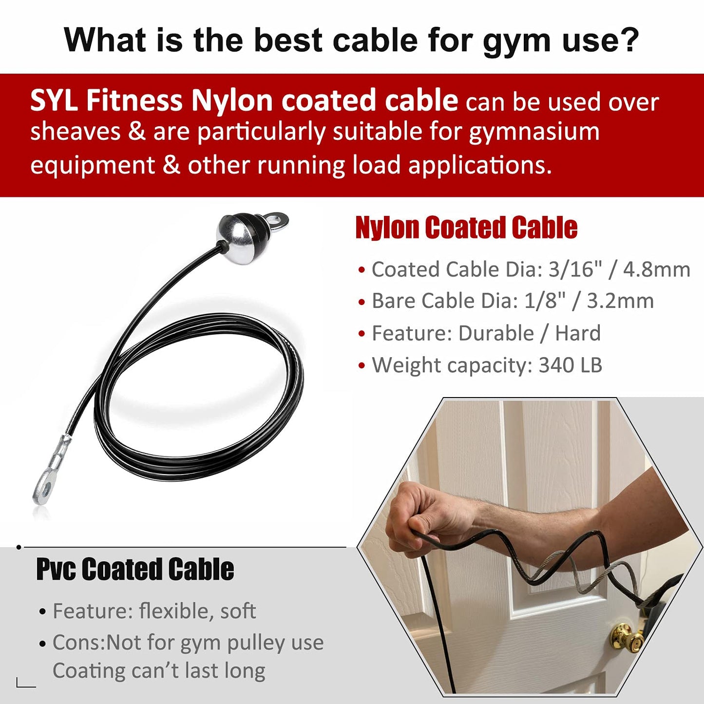 SYL Fitness Cable for DIY Home Garage Gym Cable Pulley System (Black: Type B, 136 in)