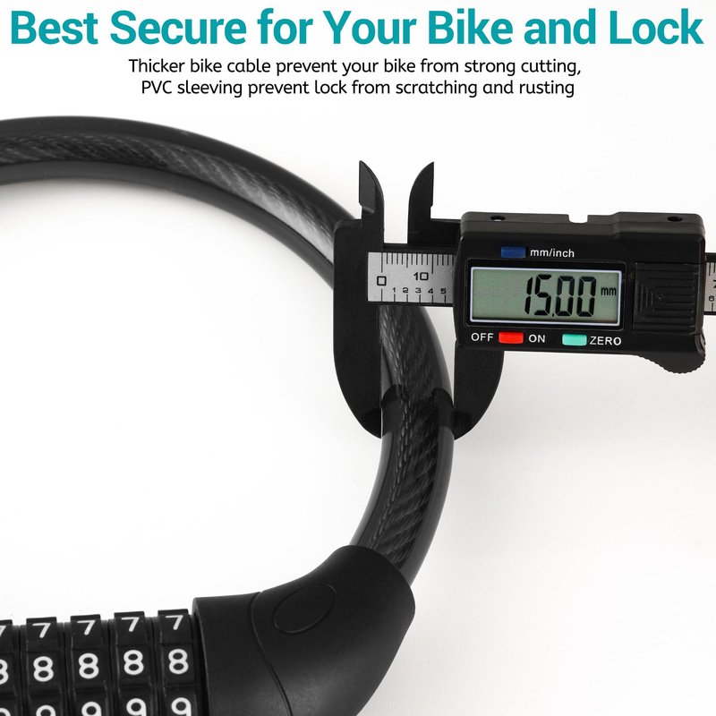 IDEALUX Bike Lock Cable, Bicycle Cable Lock with 5 Digit Combination, Resettable Kids Bike Cable Lock, 20" x ∅0.8" Black