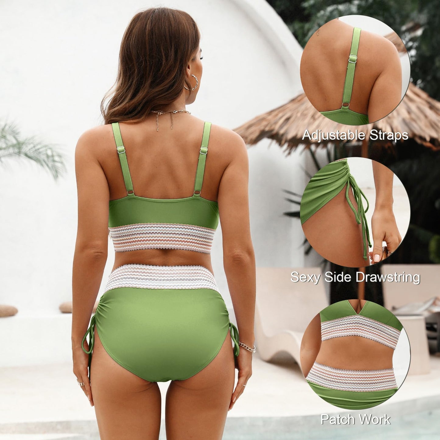 Adisputent Womens High Waisted Bikini Sets Color Block Swimsuit V Neck Tummy Control Swimwear Drawstring 2 Piece Bathing Suit Grass Green L