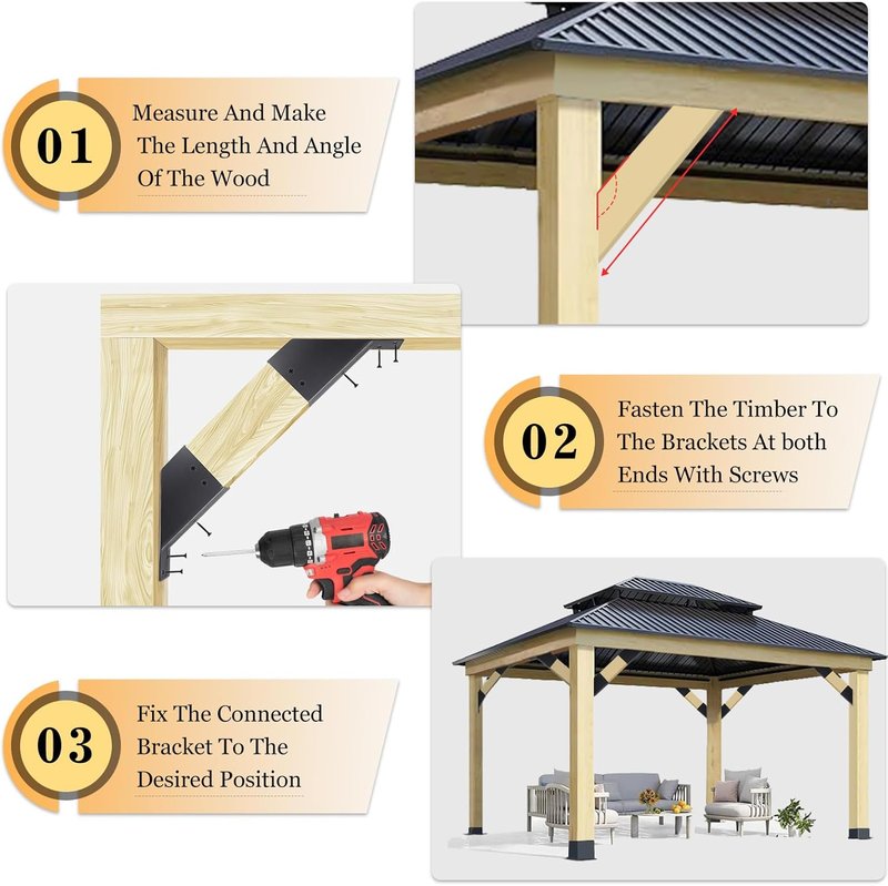 Pergola Brackets - 4 Pcs 45-Degree Angle Brackets for Gazebo Reinforcement | Fits 2" x 4" Lumber with Drainage Holes
