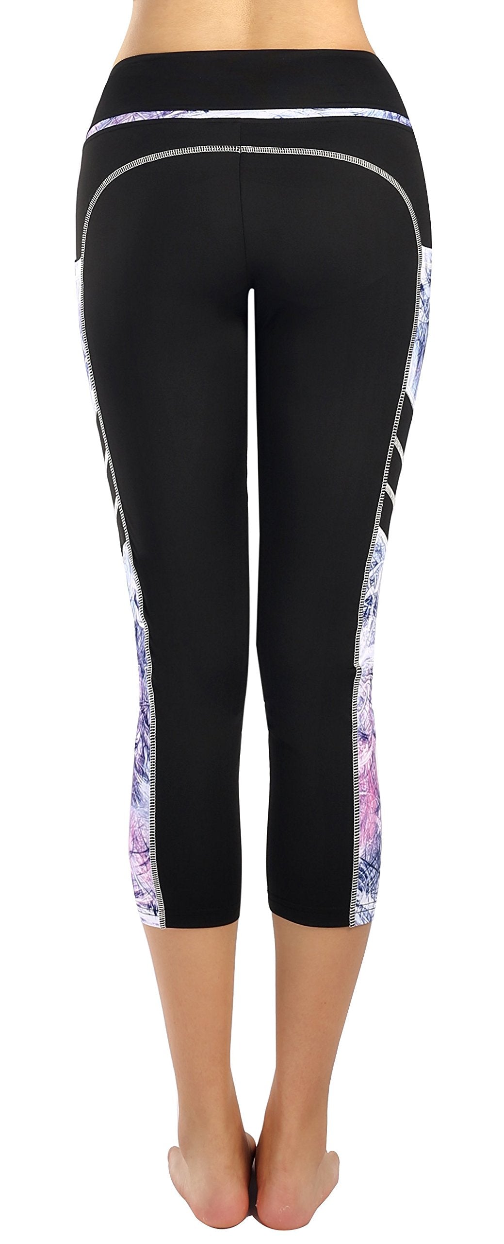 Neonysweets Women's Capri Workout Leggings with Pocket Running Yoga Pants Black/Printed M