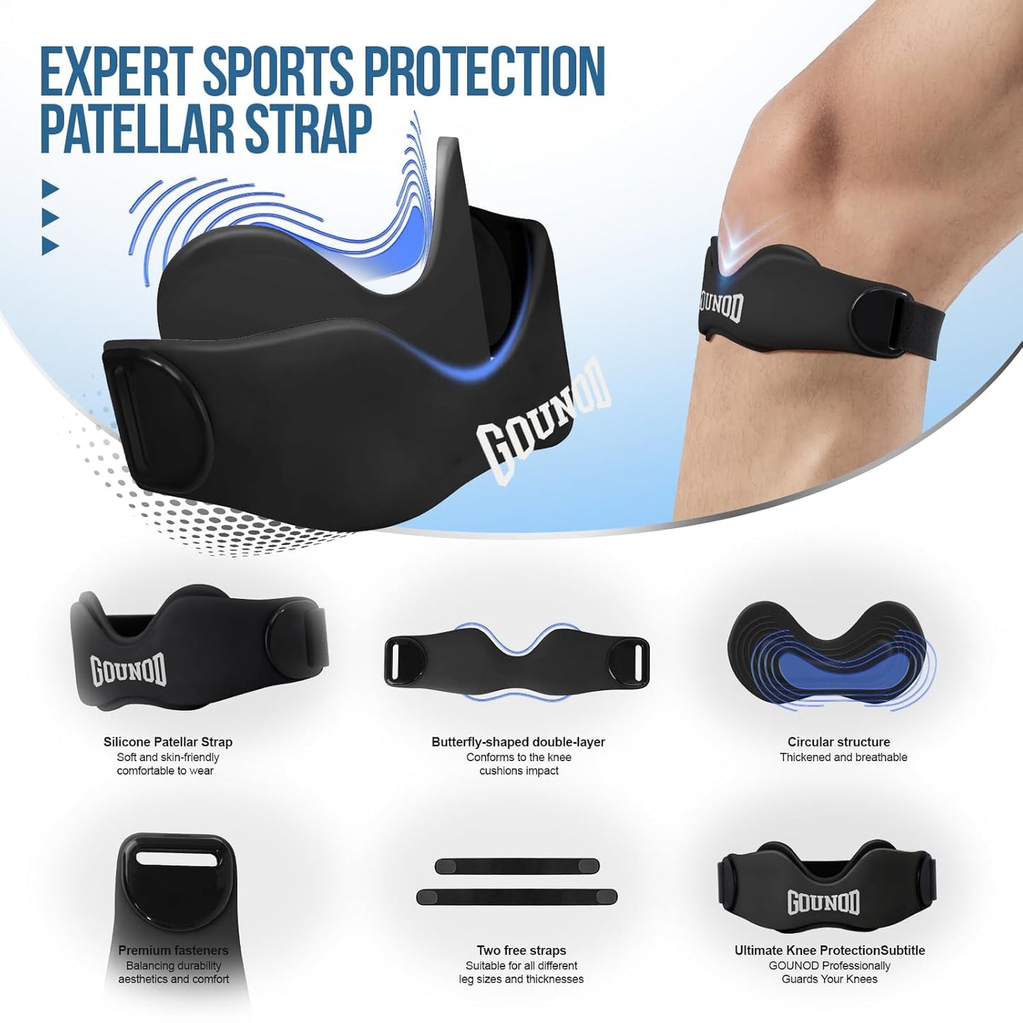 Patellar Tendon Support Strap - Silicone Knee Brace for Pain Relief | 2 Pack, Black for Sports & Activities
