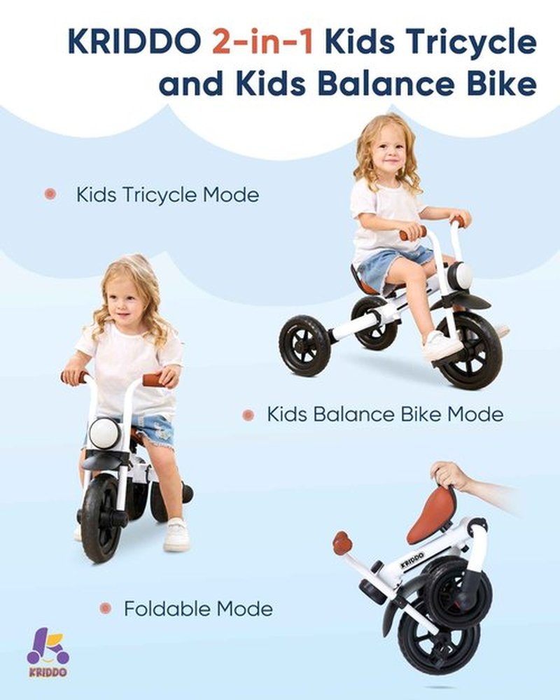 KRIDDO 2-in-1 Kids Balance Bike and Kids Tricycle for 2 to 5 Year Old, Toddler Balance Bike with Detachable Pedals, Tricycles for 3-5 Year Olds with Stitched Soft Grip, White