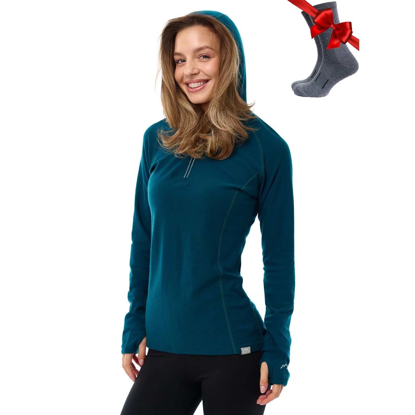 100% Merino Wool Hoodie Women - Slim Fit Quarter Zip Thermal Base Layer (Medium, 190 Deep Teal)