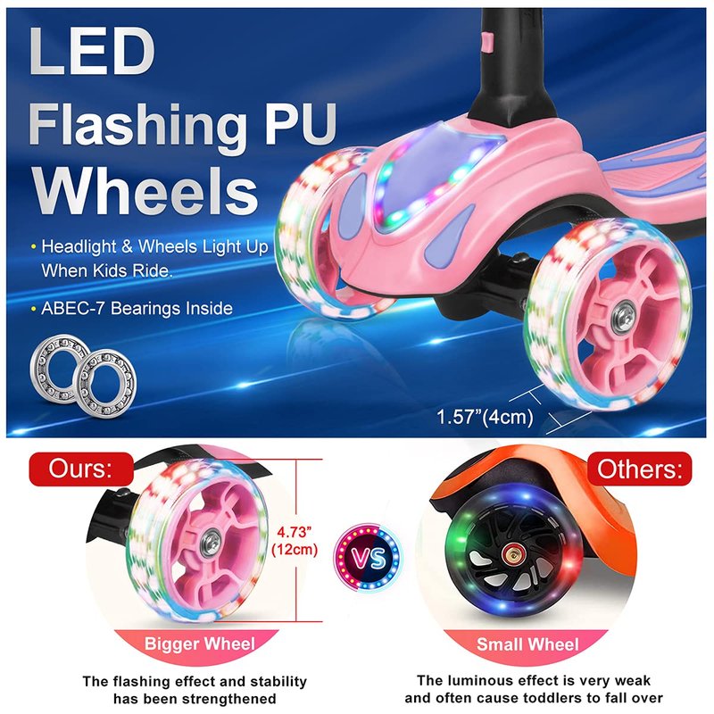 3 Wheel Scooter for Kids, Toddler Scooter with Bluetooth Music Speaker Steam Sprayer LED Lights Aluminum Alloy T-Bar, Ideal Gift for Boys Girls Ages 3-10 (Pink)