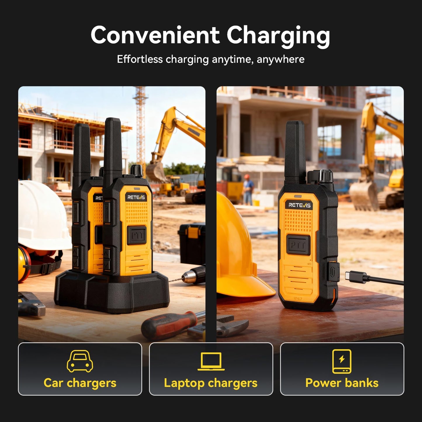 Retevis RB48A Heavy-Duty Waterproof Walkie Talkies, Rugged & Shockproof Two Way Radios Long Range, IP67, Noise Reduction, Oversized Front PTT, 23-Hour Battery, Antenna ID Rings, NOAA (4 Pack)