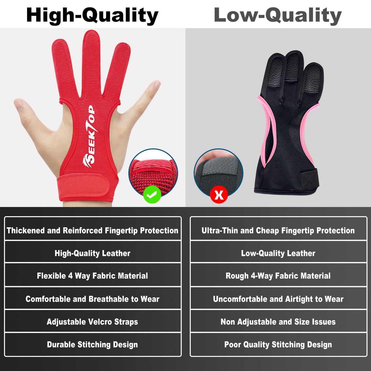Seektop Archery Gloves Shooting Hunting Leather Three Finger Protector for Youth Adult Beginner (Red, S)