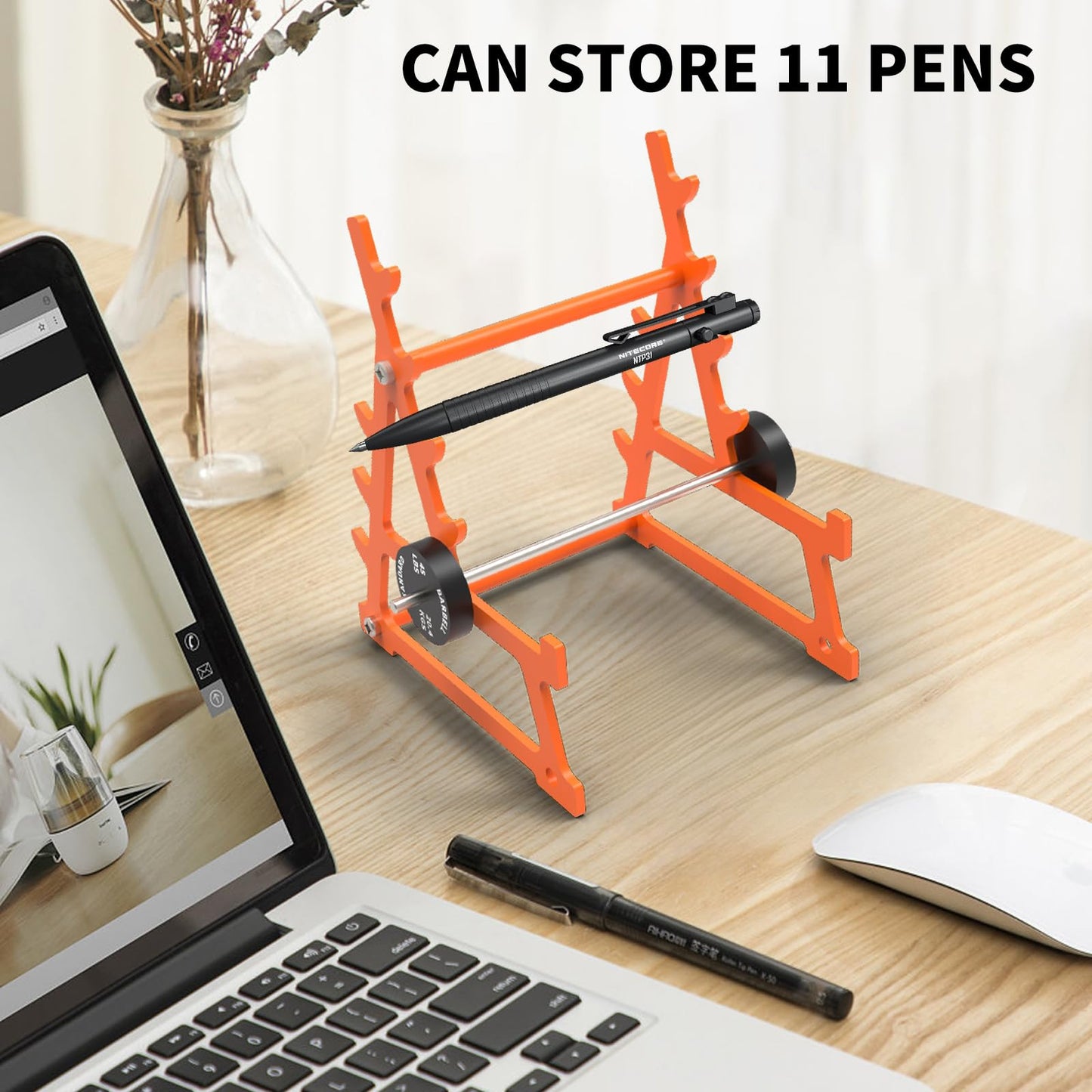 K KiNGKANG Squat Rack Pen Holder,Steel Barbell Rack Pen Holder Accessories With Mini Barbell for All Fitness Enthusiasts and Weightlifting Fans,Funny Gym Gifts（Orange）