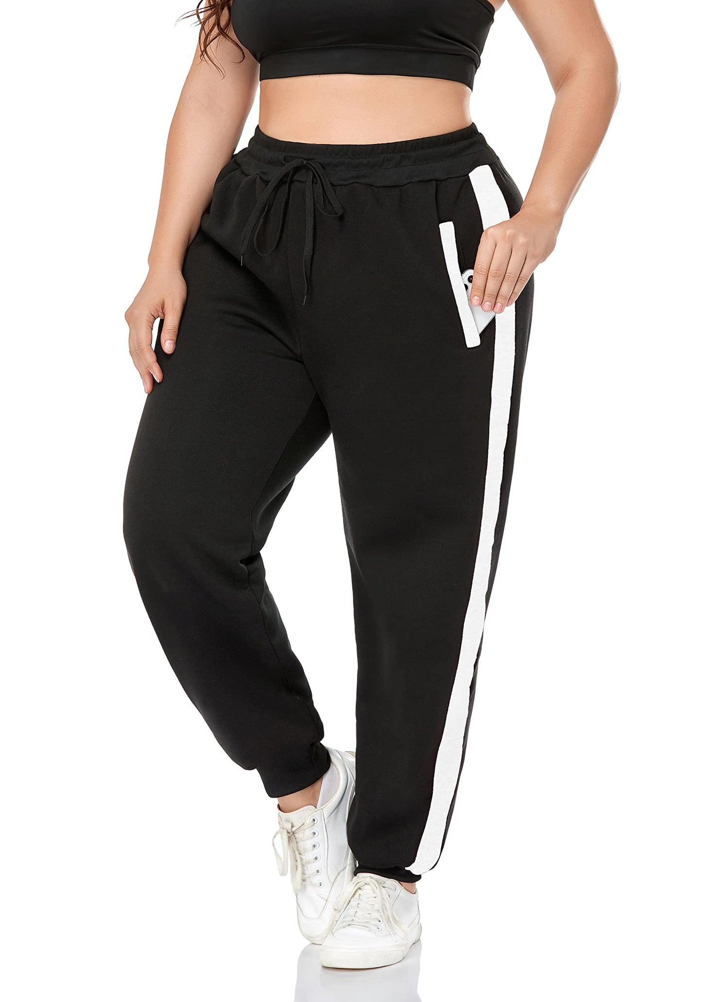 ZERDOCEAN Women's Plus Size Fleece Lined Sweatpants Winter Warm Fleece Joggers Pants Black-White Stripe 4X