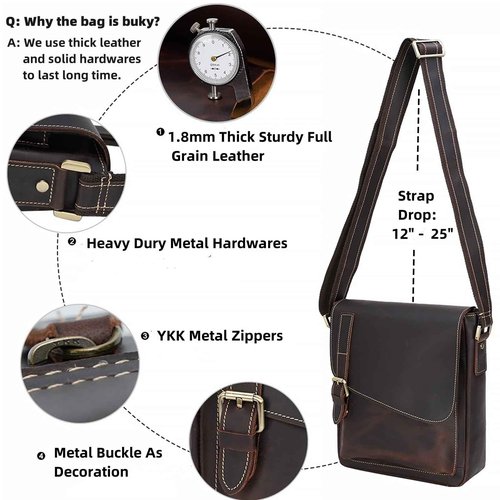 Masa Kawa Men's Leather Messenger Bag Retro Small Crossbody Shoulder Bag for Men Women Vintage Flap Over Man Purse Fits 10 Inch Tablet,Brown