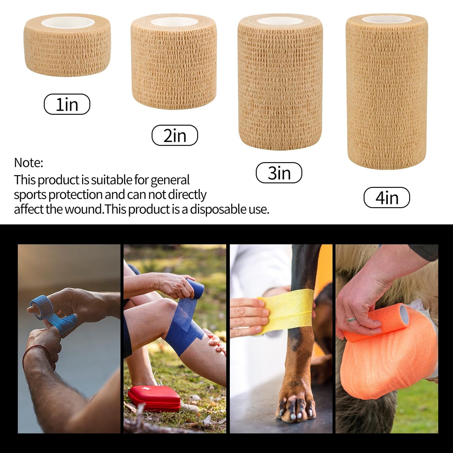 2" Self Adhesive Bandage Wraps, 6pcs Vet Wraps, Black, 5 Yard Self Adherent Wraps for Sports, Wrist, Ankle and Swelling