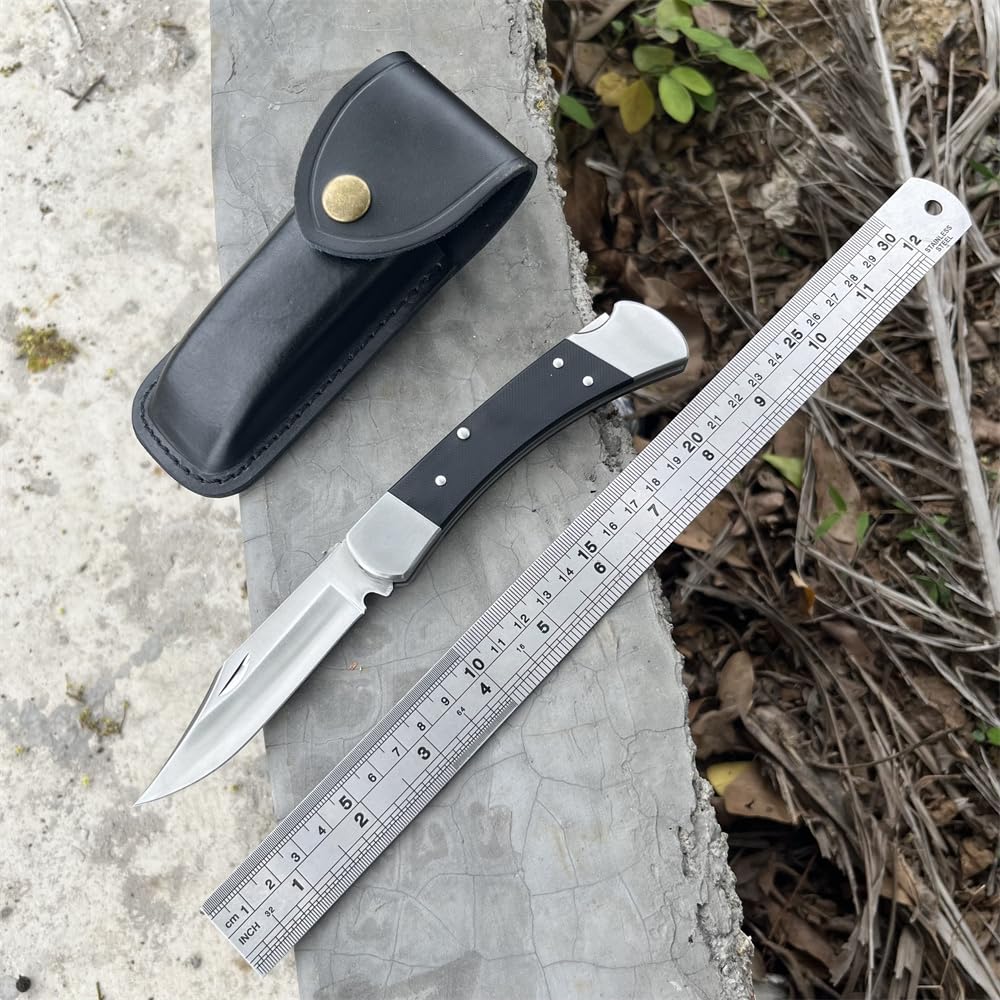 TrailTough 8.54'' Portable Lockback Manual Opening Folding Knife，3.3'' D2 Steel Blade，G10 Handle with Black Leather Sheath，EDC Pocket Knife for Men Women,Sharp Camping Fishing Hiking Knives