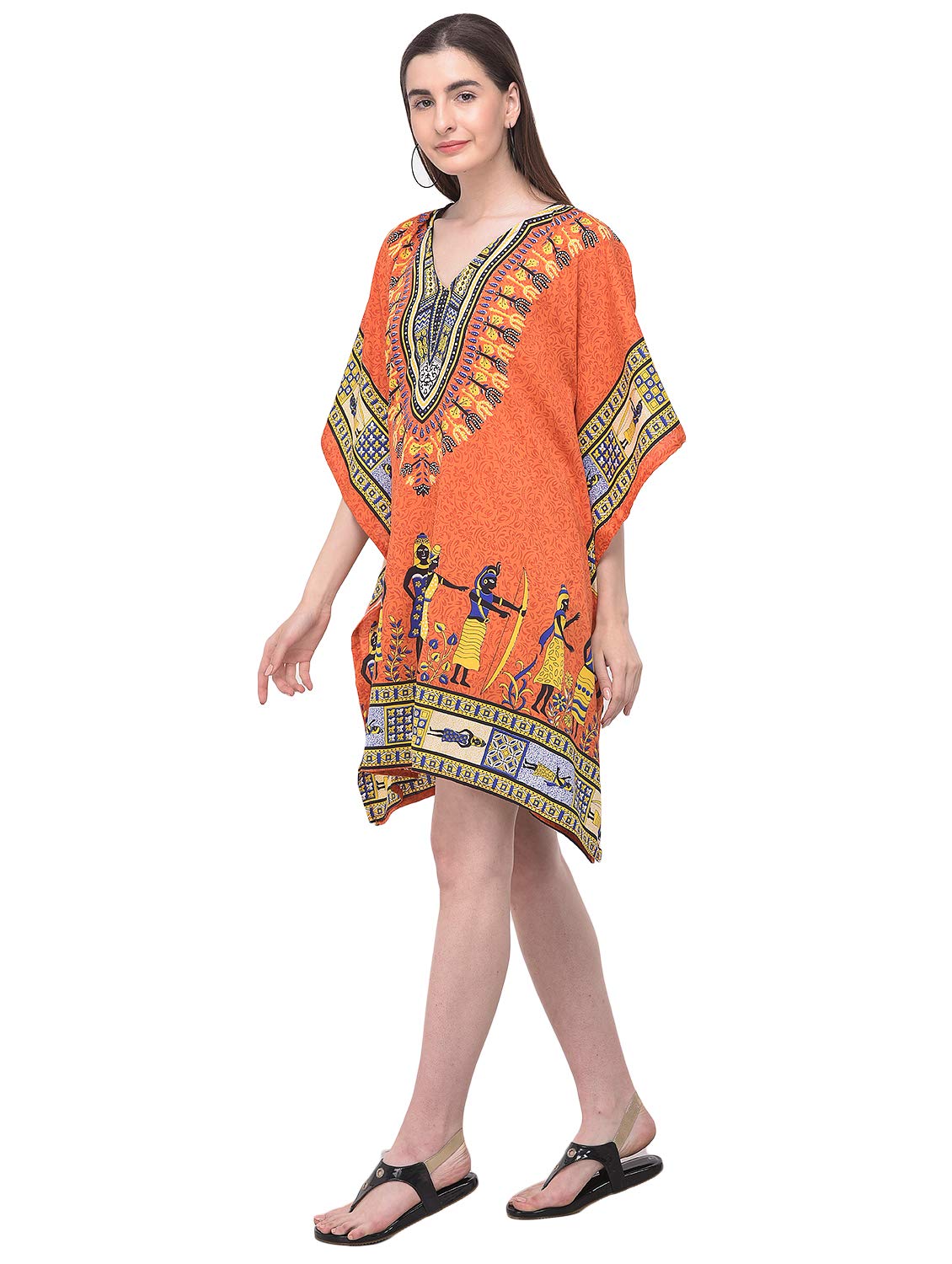 Gypsie Blu African Dashiki Caftan Tunic Tops Kimono Dress Summer Evening Plus Size Kaftan Cover-Up for Women (Orange Dashiki Tunic Dress)