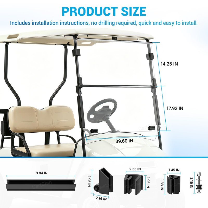 CartClan EZGO TXT Golf Cart Windshield, EZGO Windshield Fit for 1995-2013 EZGO TXT & PDS & DCS Golf Carts with 3/4" Square Tube, Foldable Golf Cart Windshield Replacement, PC UV Resistan