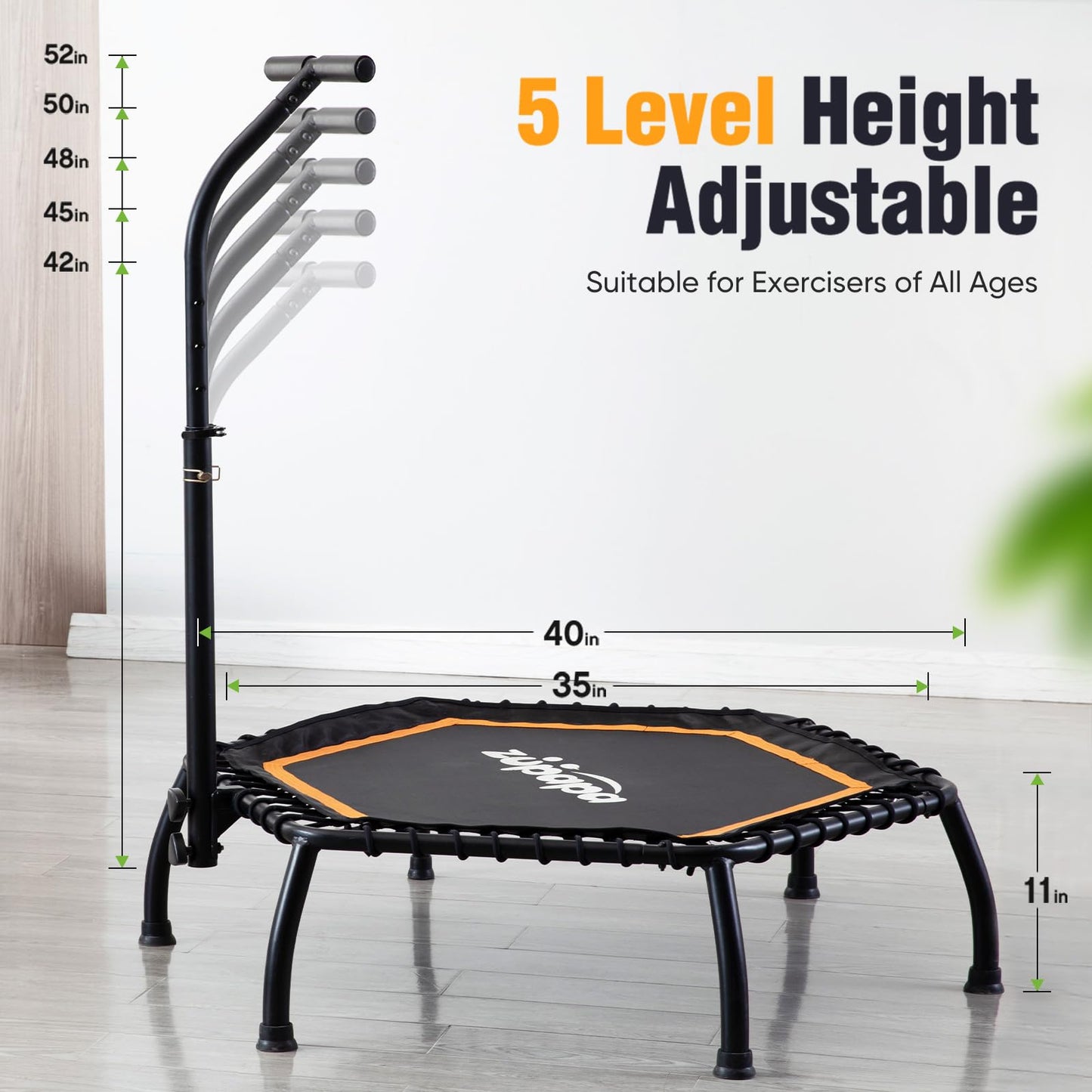 Zupapa Rebounder Trampoline for Adults with Adjustable bar Indoor Mini Small Fitness Workout Exercise Trampolines for Kids with Handle Silent Bungee Cords 40" 45" 300LBS Weight Capacity