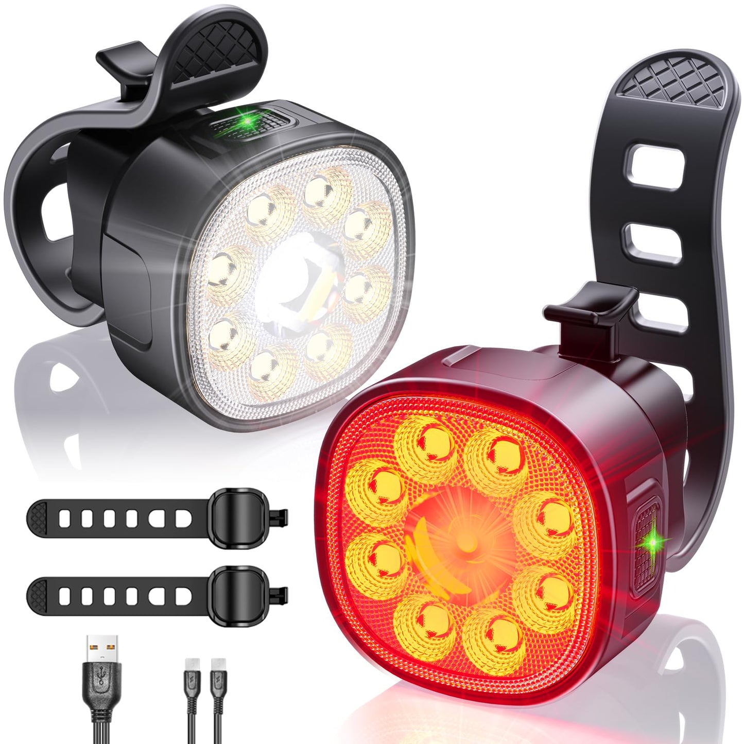 Bike Lights Kit 9LED Bike Headlights High & Low Beams, Ultra-Light and Bright Bicycle Lights, Waterproof Bike Lights for Night Riding, USB-C Bicycle Front and Rear Lights (VTG9)
