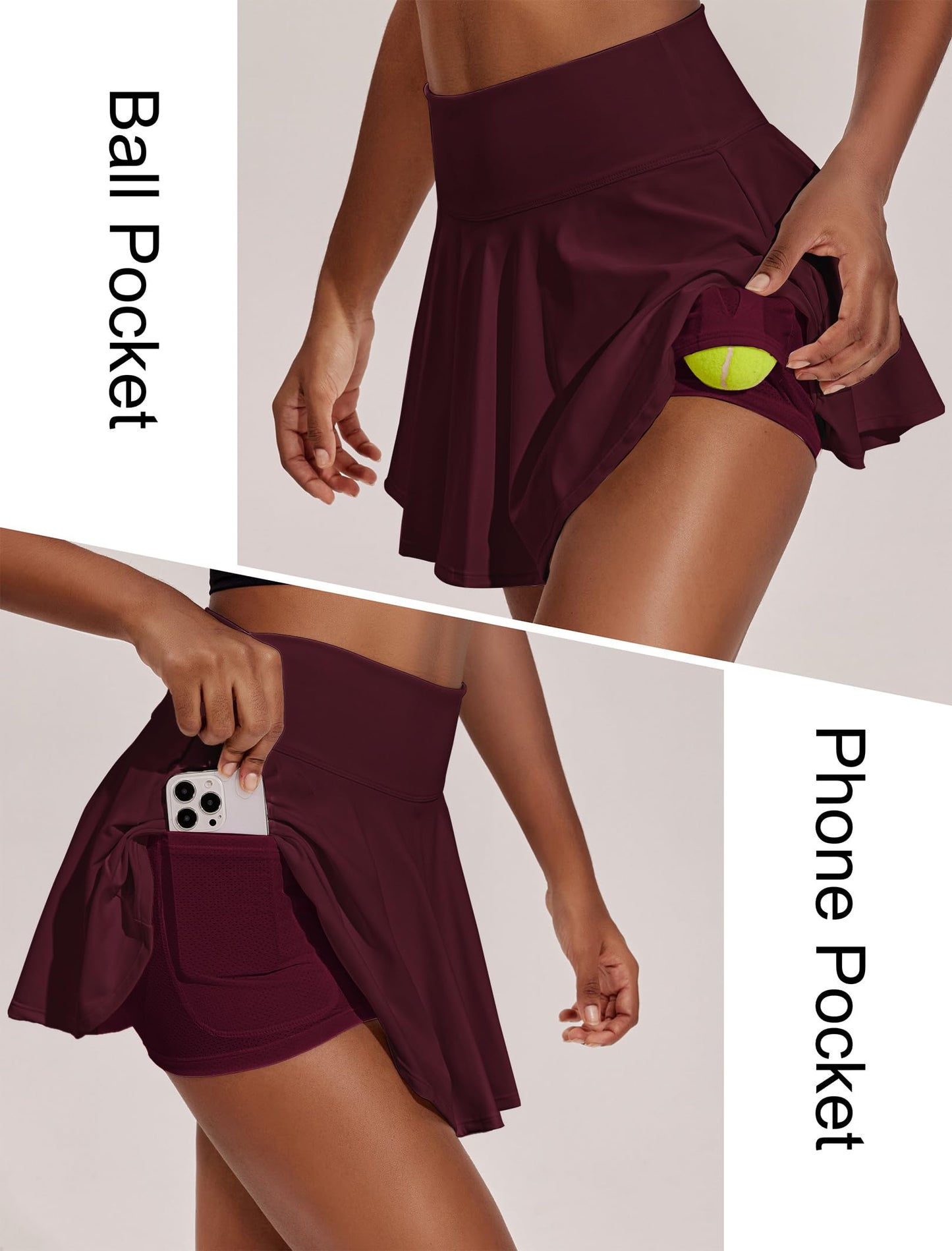 PINSPARK Tennis Skirts for Women High Waisted Athletic Golf Skorts with Pockets Shorts Quick Dry Pickleball Skirt, Red Merlot Large