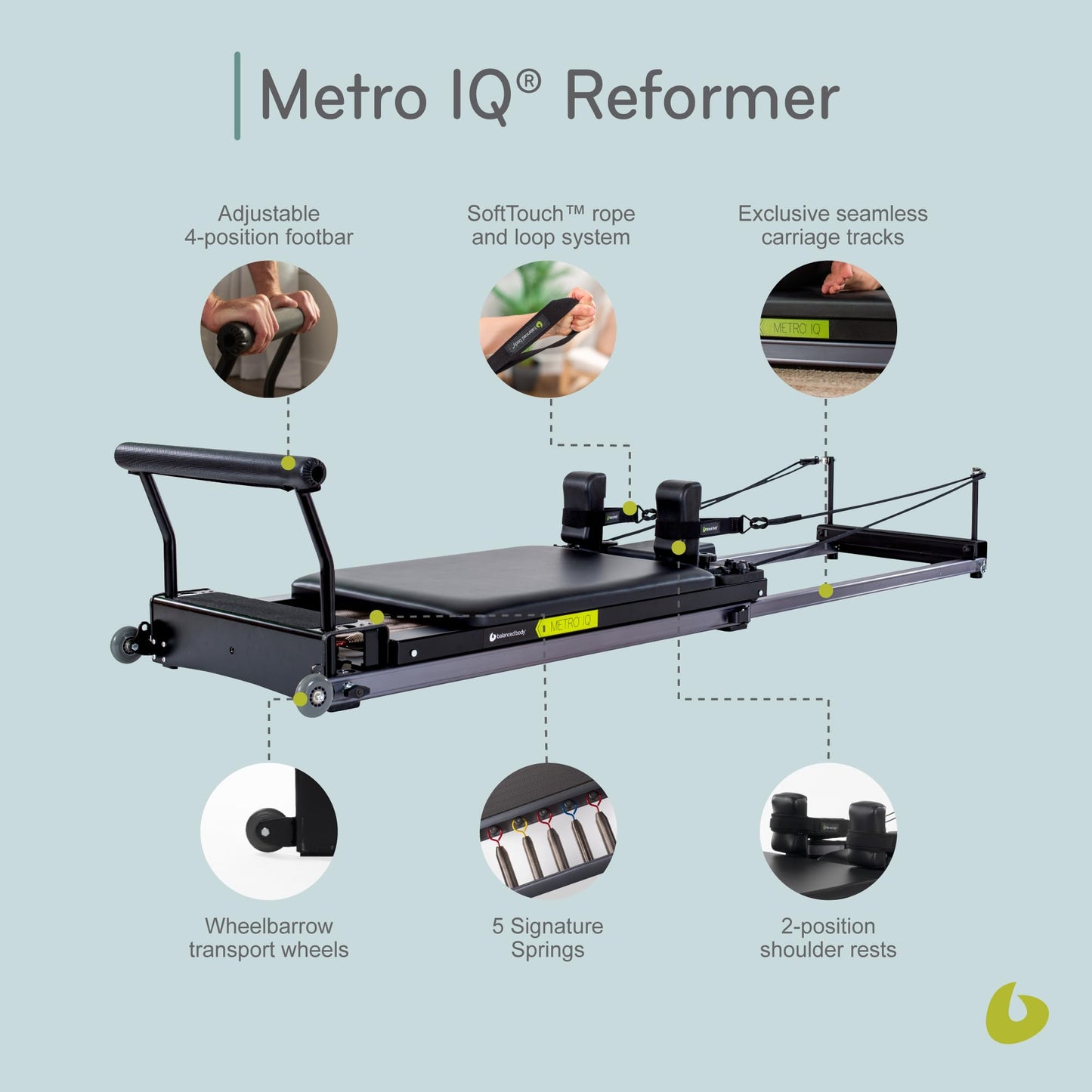 Balanced Body Metro IQ Pilates Reformer with Wheelbarrow Wheels, Pilates Exercise Equipment, Workout Equipment for Home or Studio, Black Upholstery