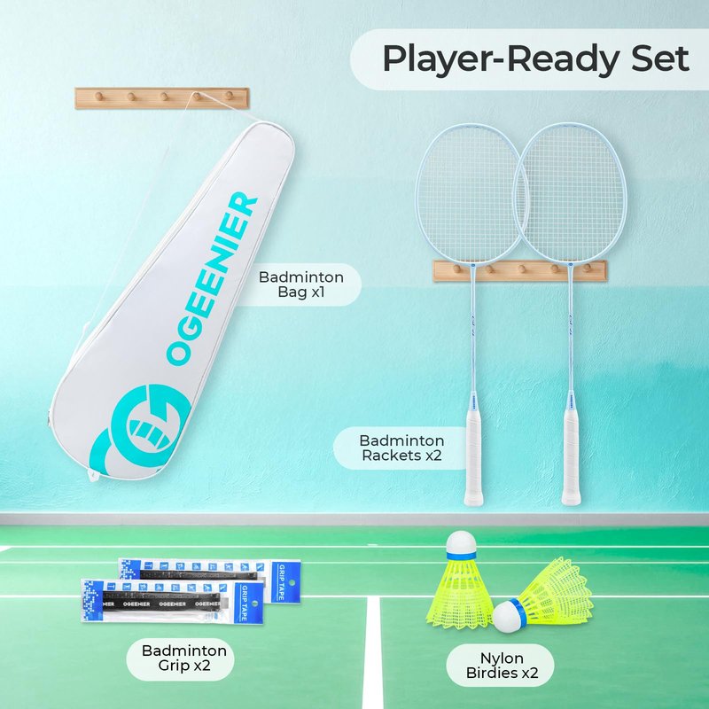 OGEENIER Badminton Rackets Set of 2, Lightweight Badminton Racquet Set for Backyards and Outdoor Games, Includes 2 Nylon Birdies, 2 Badminton Grips, 1 Carrying Bag