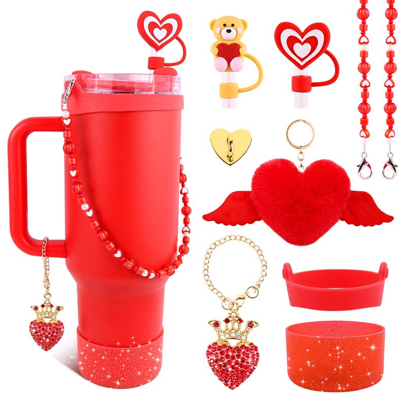 WINOWIMO 8 Pcs Valentines Day Accessories Set for Stanley Cup 30&40 Oz, Red Silicone Glitter Boot 2 Pcs Straw Covers Pom-Pom Charm Heart Charm Water Bottle Handle, Valentines Day Gifts for Her Girls