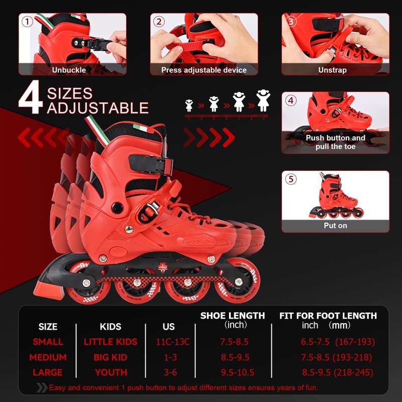 FYHART Adjustable Kids Inline Skates for Girls Boys with 8 Wheels, Kids Inline Roller Skates Blades for Youth Children Beginners Big Kids for Indoor Outdoor Playing (Red & Black, Large)