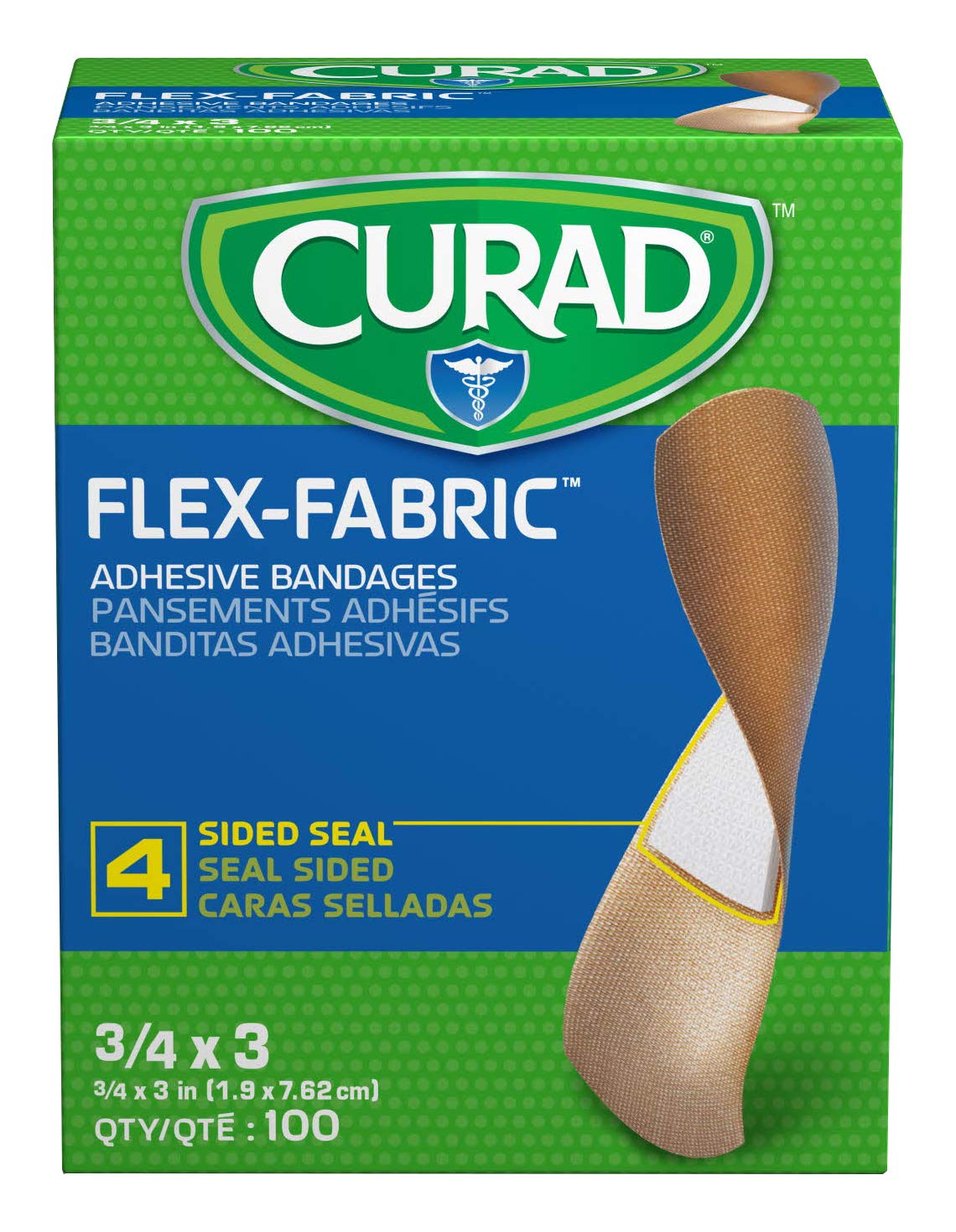 CURAD Flex Fabric Adhesive Bandages, Bandage Size is 3/4" x 3", ALL ONE SIZE, (Box of 100)