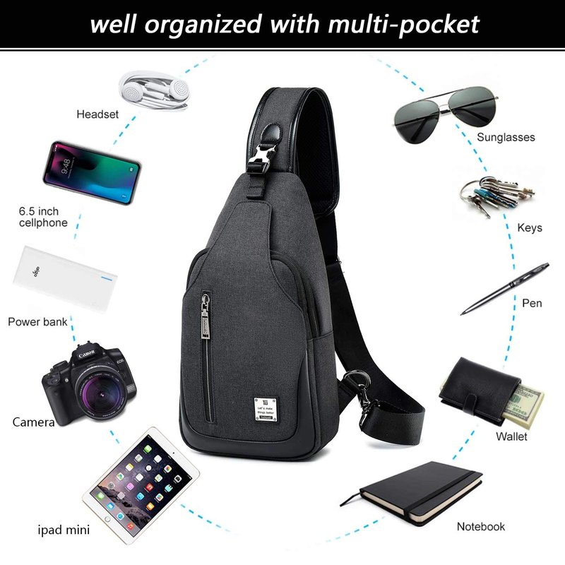 tuowan Small Sling Bag Crossbody Backpack Over the Shoulder Bag for Men Women Travel Outdoors, Lightweight Chest Pack (Large,Black)