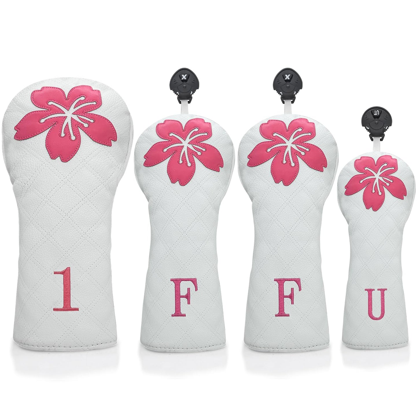 Grid Cherry Blossom Design Golf Covers PU Headcovers Set Fits Driver Fairway Wood Hybrid Utility Woods Iron Wedge Headcover, Premium Leather Golf Headcovers