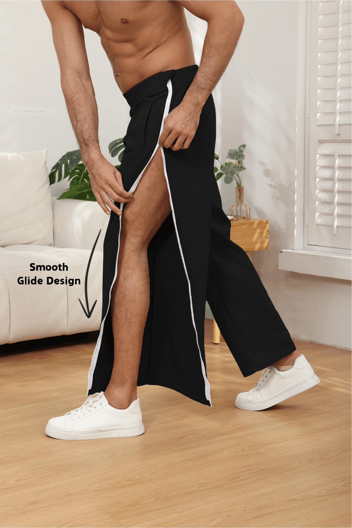 HORSSLE Men's Tear Away Pants 2 Side Full Zippers Legs Snap Off Sweatpants with Pockets for Post Knee Surgery Recovery Black
