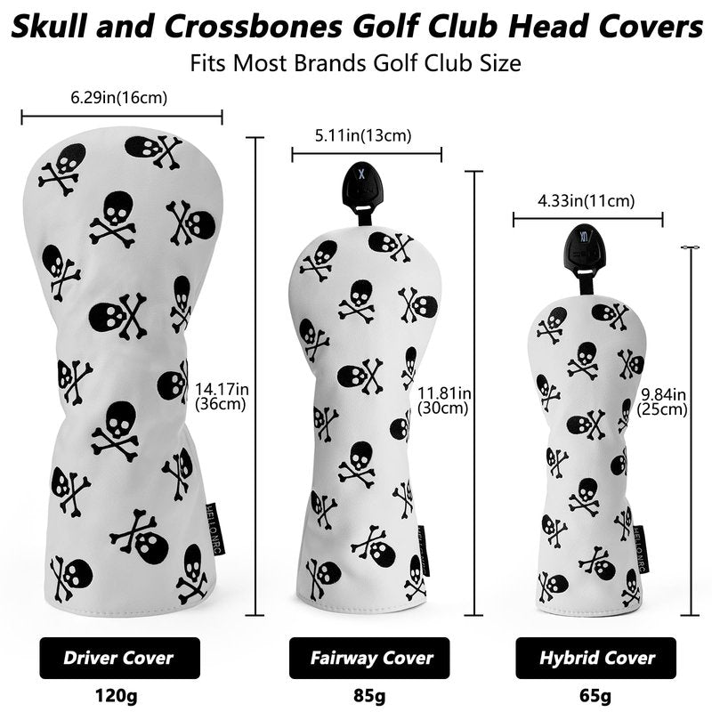 Gbourly Golf Club White Skull and Crossbones Skeleton Fairway Wood Head Cover PU Leather Headcover