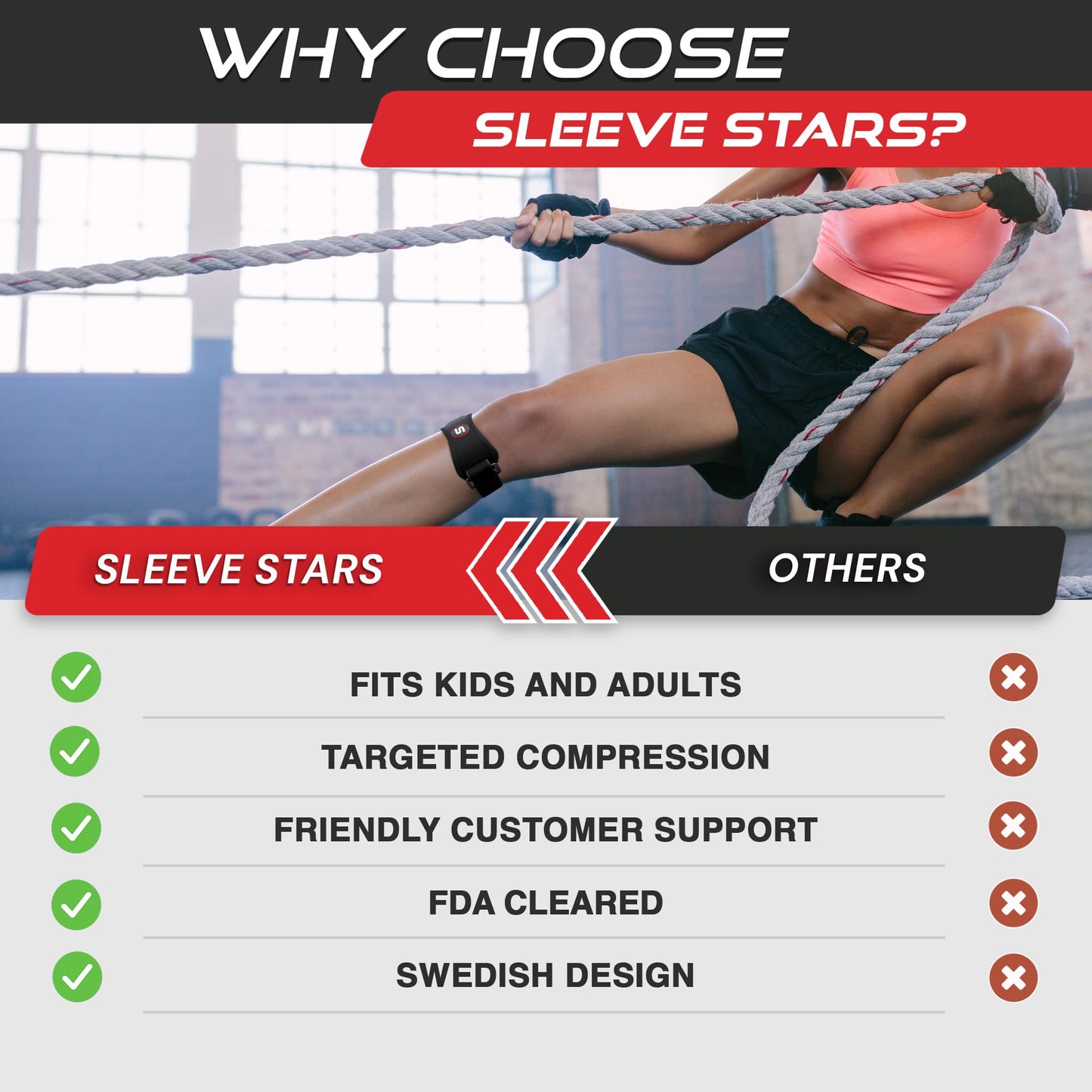 SS SLEEVE STARS Patellar Tendon Support Strap Swedish Brand for Women & Men Effective Osgood Schlatter Knee Brace Youth & Kids with 3 Adjustable Length fits 12"-24" (Pair/Black/Adult)