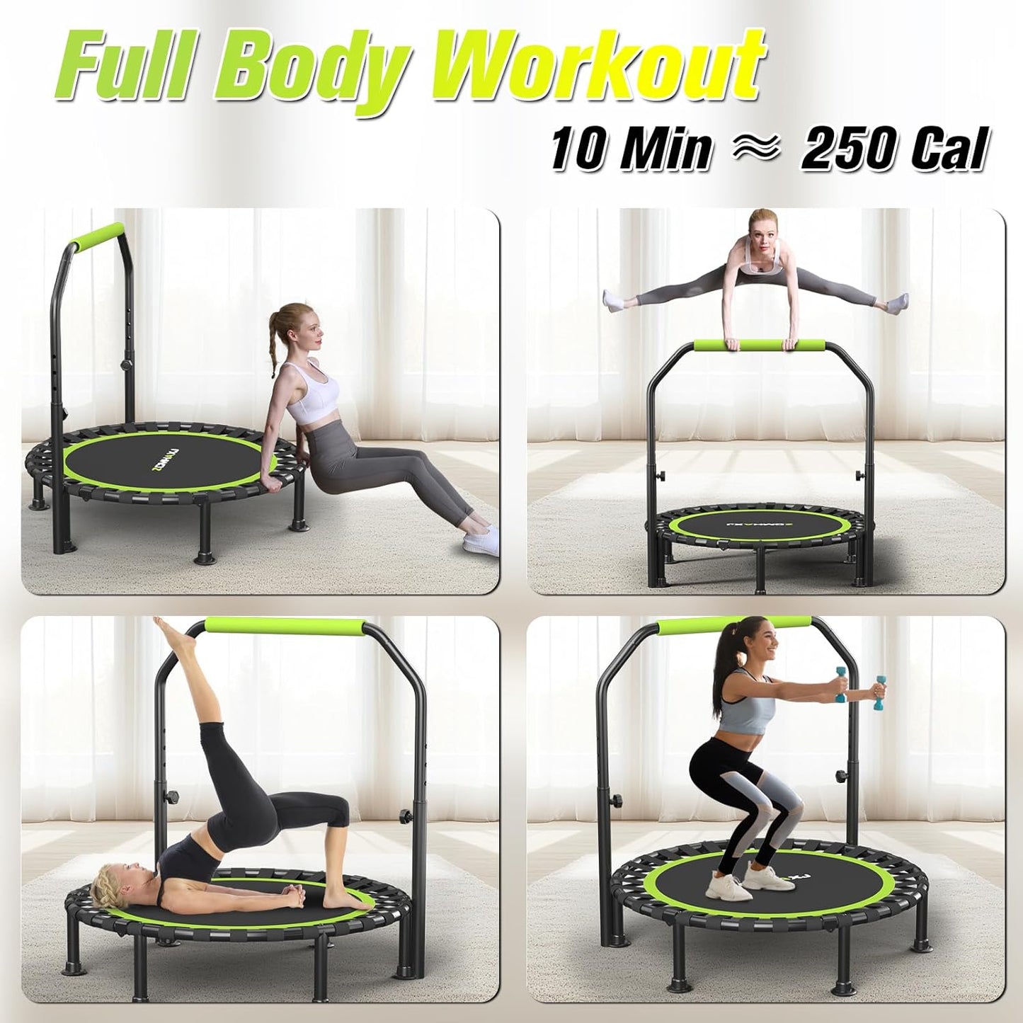Foldable Mini Trampoline - 40"/48" Rebounder for Adults & Kids | 450lbs Capacity with Adjustable Bar for Indoor Fitness