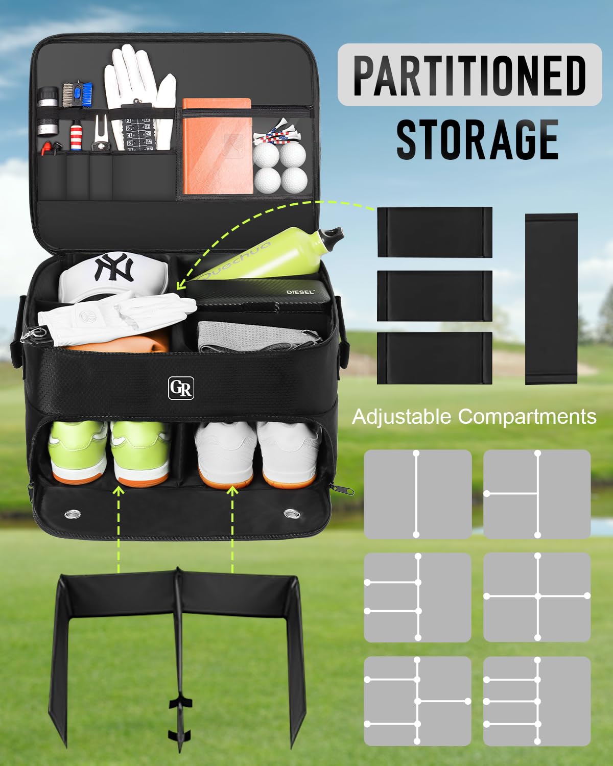 Odor-Absorbing 2-Layer Large Golf Trunk Organizer with Activated Carbon Fabric - Water-Resistant Golf Shoe Bag for Shoes Balls Tees Clothes Gloves Golf Accessories, Fathers Day Dad Gifts for Men