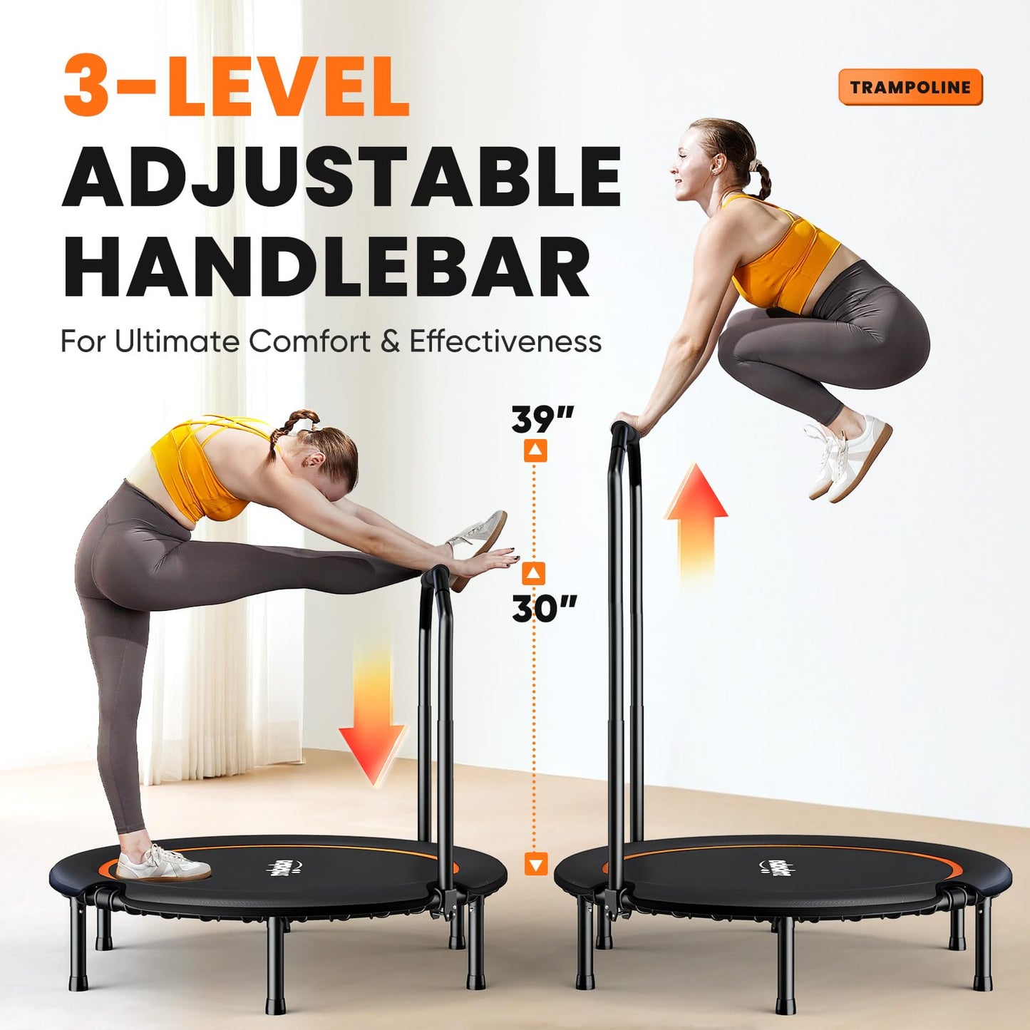Zupapa 48" Foldable Rebounder, 550LBS Fitness Trampoline with Durable Bungees, Adjustable Handle, Stable & Quiet Exercise Rebounder for Adults, Great Mini Trampoline for Indoor/Garden Workout (48in)