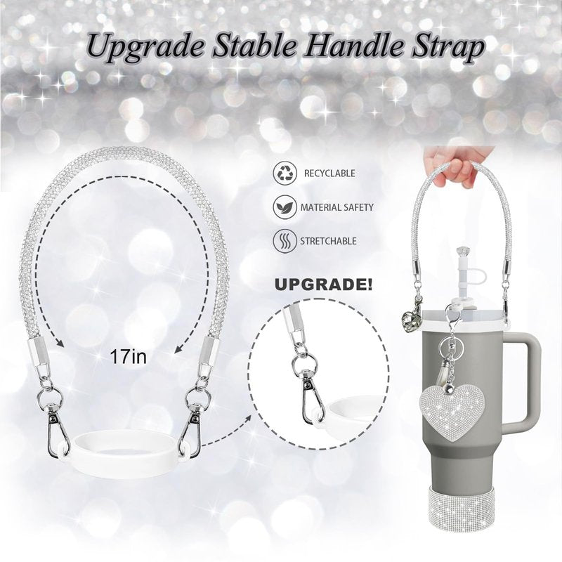 VirgoCCY 6PCS Diamond Glitter Stanley Cup Accessories Set 30&40 Oz, Includes 1 Diamond Silicone Boot, 1 Handle Strap, 1 Straw Covers,1 Straw Adapters Charm Blank with 2 Glitter Charms, Silver